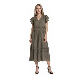 Bohme Midi Dress Women's Size Medium Olive Green Tiered Ruffle Boho V Neck